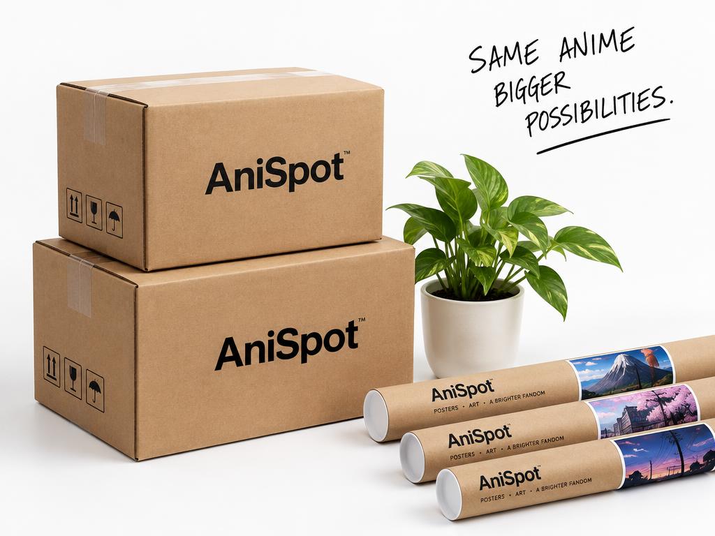 AniSpot Versandkartons mit Pflanze und gerollten Postern
